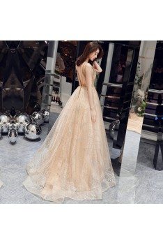 Champagne Gold Sparkly Sequins Vneck Prom Dress Backless - AM79159