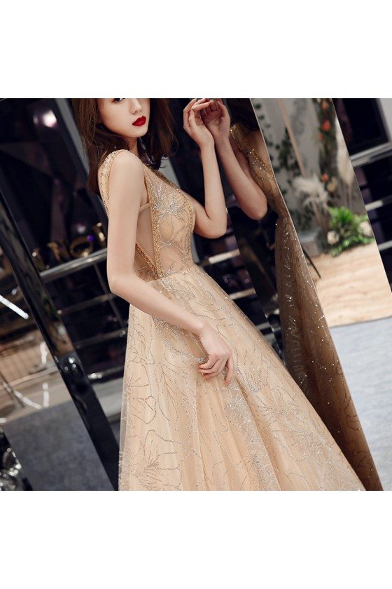 champagne gold sequin dress Shiny Champagne Gold Sequins Sleeveless Long Prom Dresses, Shiny Long –  jbydress main image 0