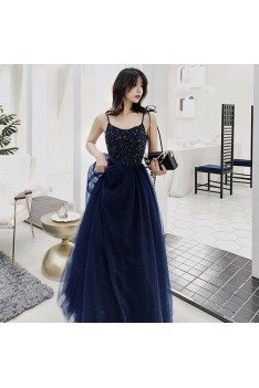 Navy Blue Beaded Top Long Tulle Aline Prom Dress With Straps - AM79146
