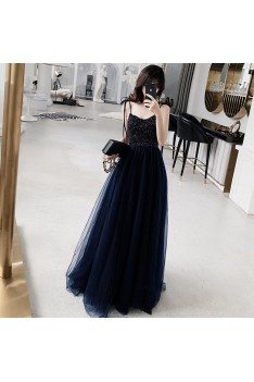 Navy Blue Beaded Top Long Tulle Aline Prom Dress With Straps - AM79146