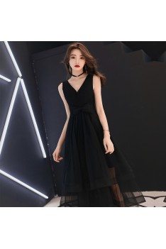 Simple Chic Black Vneck Party Dress With Tulle Ruffles - AM79161