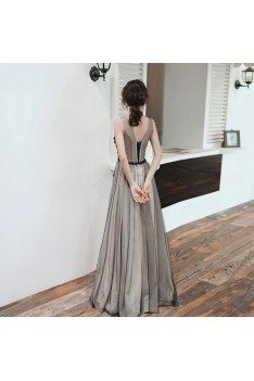 Pretty Black Tulle Vneck Long Prom Dress With Flowers - AM79036