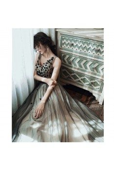 Pretty Black Tulle Vneck Long Prom Dress With Flowers - AM79036