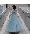 Elegant Dusty Blue Tulle Aline Long Party Prom Dress With Illusion Neckline - AM79099