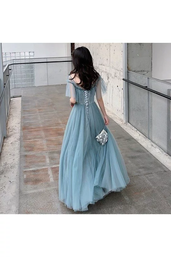 Elegant Dusty Blue Tulle Aline Long Party Prom Dress With Illusion Neckline  - $120.9816 #AM79099 