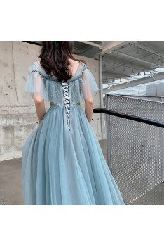 Elegant Dusty Blue Tulle Aline Long Party Prom Dress With Illusion Neckline - AM79099