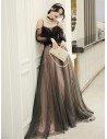 Pretty Long Black Tulle Aline Prom Dress With Straps Train - AM79022