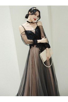 Pretty Long Black Tulle Aline Prom Dress With Straps Train - AM79022
