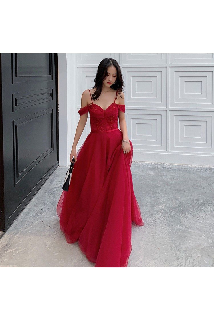 Red Spaghetti Strap Prom Dresses With Slit Lace Applique Evening Dress –  Viniodress