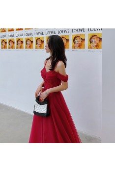 Pretty Long Red Burgundy Aline Prom Dress With Spaghetti Straps - AM79097
