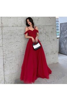 Pretty Long Red Burgundy Aline Prom Dress With Spaghetti Straps - AM79097