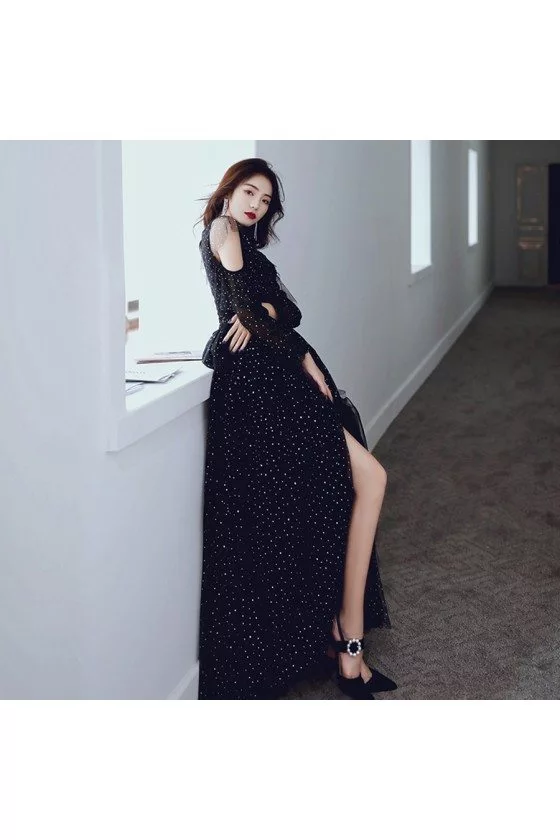 Bling Sequins Black Tulle Prom Dress Long With Cold Shoulder - AM79040
