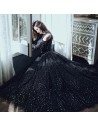 Bling Sequins Black Tulle Prom Dress Long With Cold Shoulder - AM79040
