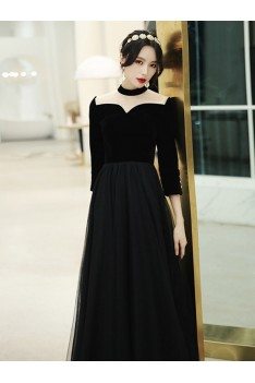 Retro Chic Long Black Special Occasion Dress With Illusion Neck And Sleeves - AM79024