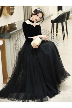 Retro Chic Long Black Special Occasion Dress With Illusion Neck And Sleeves - AM79024