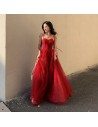 Flowy Long Tulle Red Formal Party Dress With Straps - AM79089