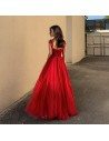 Flowy Long Tulle Red Formal Party Dress With Straps - AM79089
