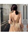 Unique Khaki Long Pleated Tulle Illusion Vneck Prom Dress With Feathers - AM79114