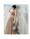 Unique Khaki Long Pleated Tulle Illusion Vneck Prom Dress With Feathers - AM79114