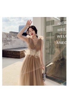 Unique Khaki Long Pleated Tulle Illusion Vneck Prom Dress With Feathers - AM79114