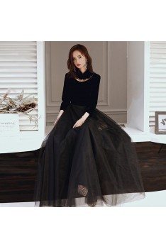 Noble Black Long Tulle Chic Party Dress With Long Sleeves - AM79019