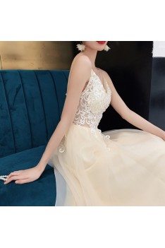 Chic Champagne Tulle With White Lace Boho Prom Dress With Straps - AM79154