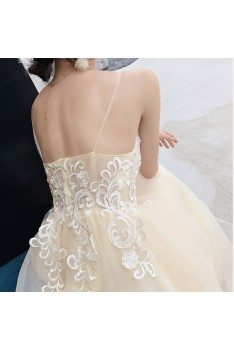 Chic Champagne Tulle With White Lace Boho Prom Dress With Straps - AM79154