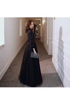 Sparkly Long Black Sequins With Tulle Evening Dress With Long Sleeves - AM79017
