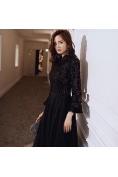 Sparkly Long Black Sequins With Tulle Evening Dress With Long Sleeves - AM79017