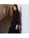 Sparkly Long Black Sequins With Tulle Evening Dress With Long Sleeves - AM79017