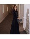 Sparkly Long Black Sequins With Tulle Evening Dress With Long Sleeves - AM79017