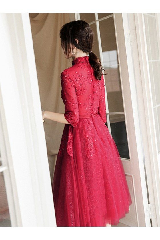 Burgundy Knee Length Tulle Short Party Prom Dress With Beaded Collar -  $113.9832 #AM79052 - SheProm.com