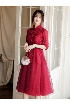Burgundy Knee Length Tulle Short Party Prom Dress With Beaded Collar - AM79052