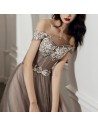 Grey Off Shoulder Lace Gorgeous Tulle Prom Dress For Less - AM79068