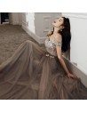 Grey Off Shoulder Lace Gorgeous Tulle Prom Dress For Less - AM79068