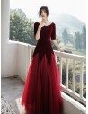 Velvet With Long Tulle Modest Party Dress With Half Sleeves - AM79057