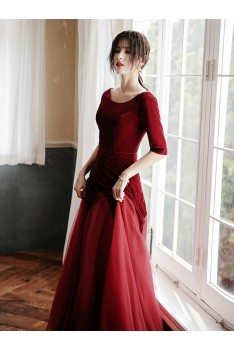 Velvet With Long Tulle Modest Party Dress With Half Sleeves - AM79057