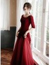 Velvet With Long Tulle Modest Party Dress With Half Sleeves - AM79057