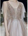 Beaded Brown Grey Aline Cheap Prom Dress With Tulle Sleeves - AM79031