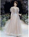 Beaded Brown Grey Aline Cheap Prom Dress With Tulle Sleeves - AM79031