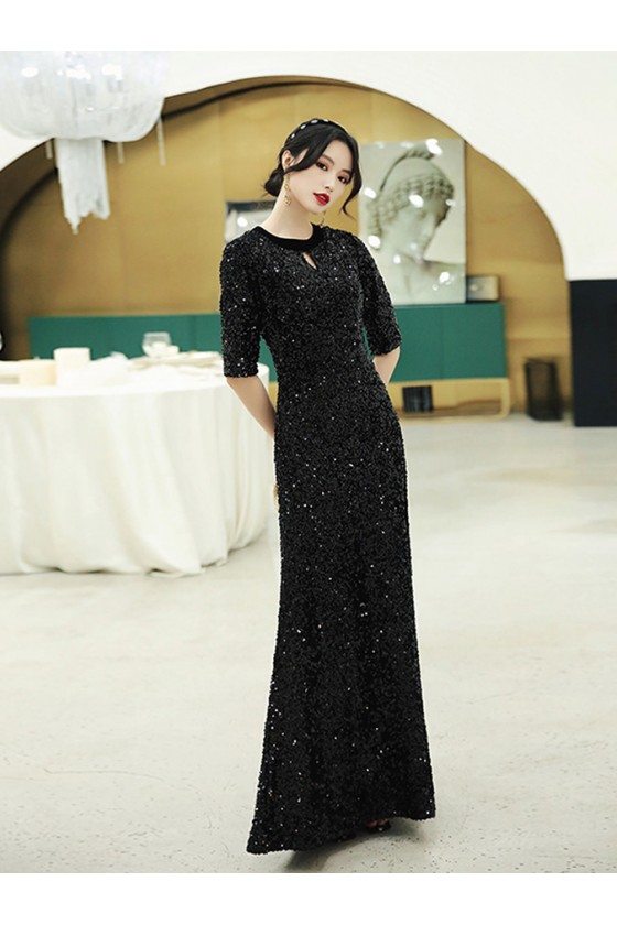 Modest Long Black Sparkly Evening Dress With Half Sleeves - AM79023