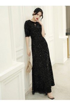 Modest Long Black Sparkly Evening Dress With Half Sleeves - AM79023