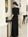 Modest Long Black Sparkly Evening Dress With Half Sleeves - AM79023
