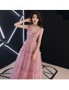 Sparkly Sequins Pink Tulle Vneck Prom Dress Sleeveless - AM79158
