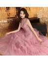 Sparkly Sequins Pink Tulle Vneck Prom Dress Sleeveless - AM79158