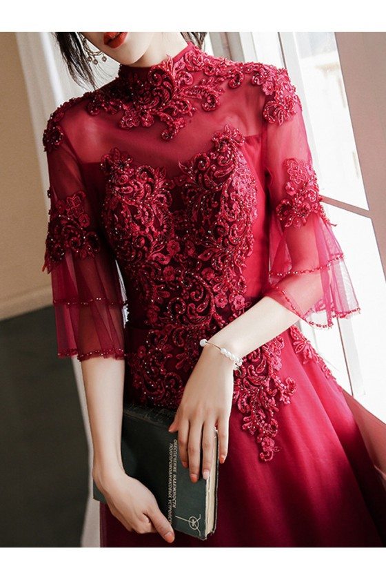 Long Beaded Lace High Neck Prom Dress Burgundy With Sleeves - AM79051