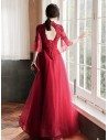 Long Beaded Lace High Neck Prom Dress Burgundy With Sleeves - AM79051