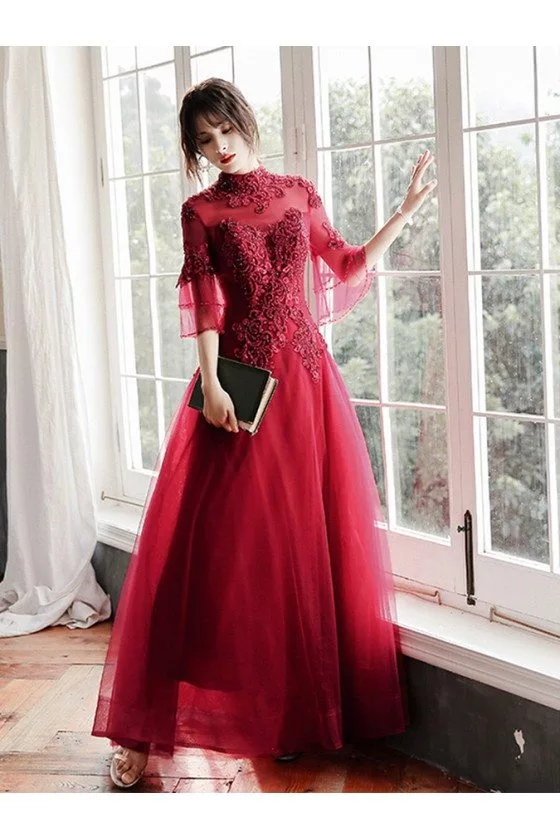 chinese dress ladies Trendy Burgundy Long Sleeve High Neck Lace Beading Mermaid Evening Gow main image 0