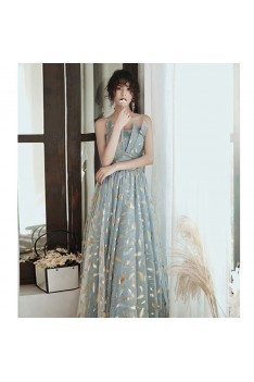 Blue With Gold Feather Patterns Aline Long Prom Dress Unique - AM79043