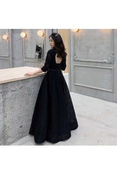 Formal Beaded Lace Black Cheap Prom Dress With Half Sleeves - AM79011